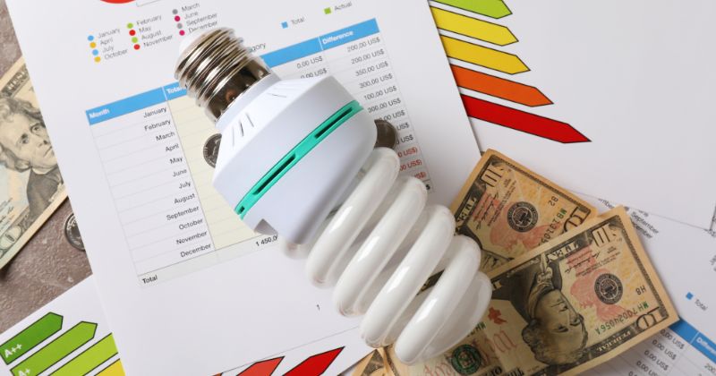 Energy-saving bulb positioned on top of utility bills, including the monthly electric bill.