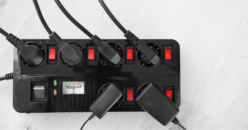 Loaded power strips, black in colour, energy-saving.