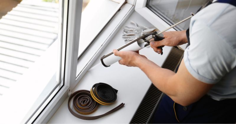 A specialist sealing a window to avoid heat loss.