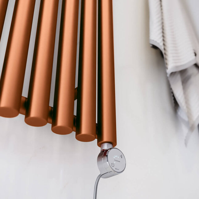 Levanto Vertical Electric Radiator True Copper Controls Image