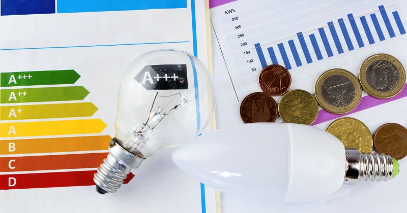 A lightbulb positioned beside a chart depicting electricity consumption, with coins nearby.