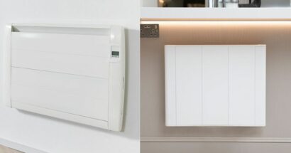 Collage for comparison of panel heater vs electric radiator